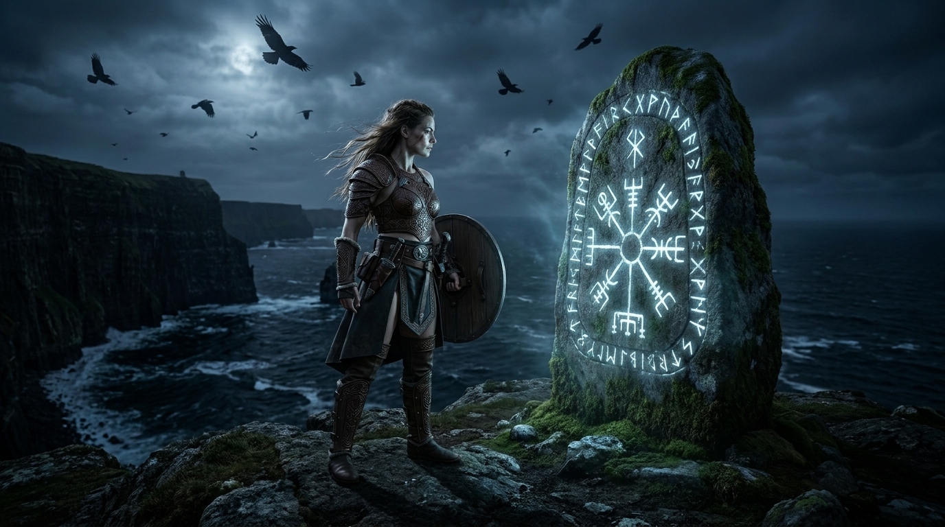 Freya steht vor einem leuchtenden Runenstein an den Klippen über dem Meer.